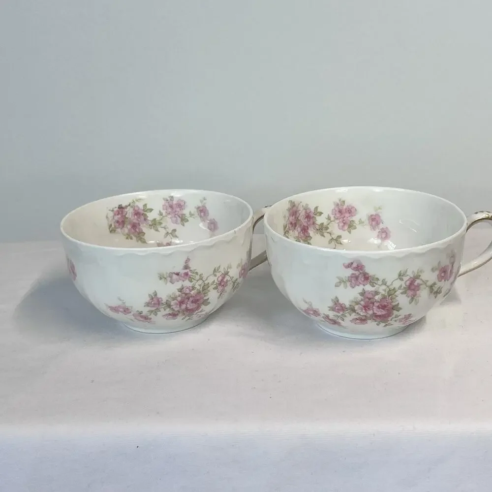 Vintage Haviland France Limoges Set of 2 Tea Cups Gold White Pink Flowers Garden